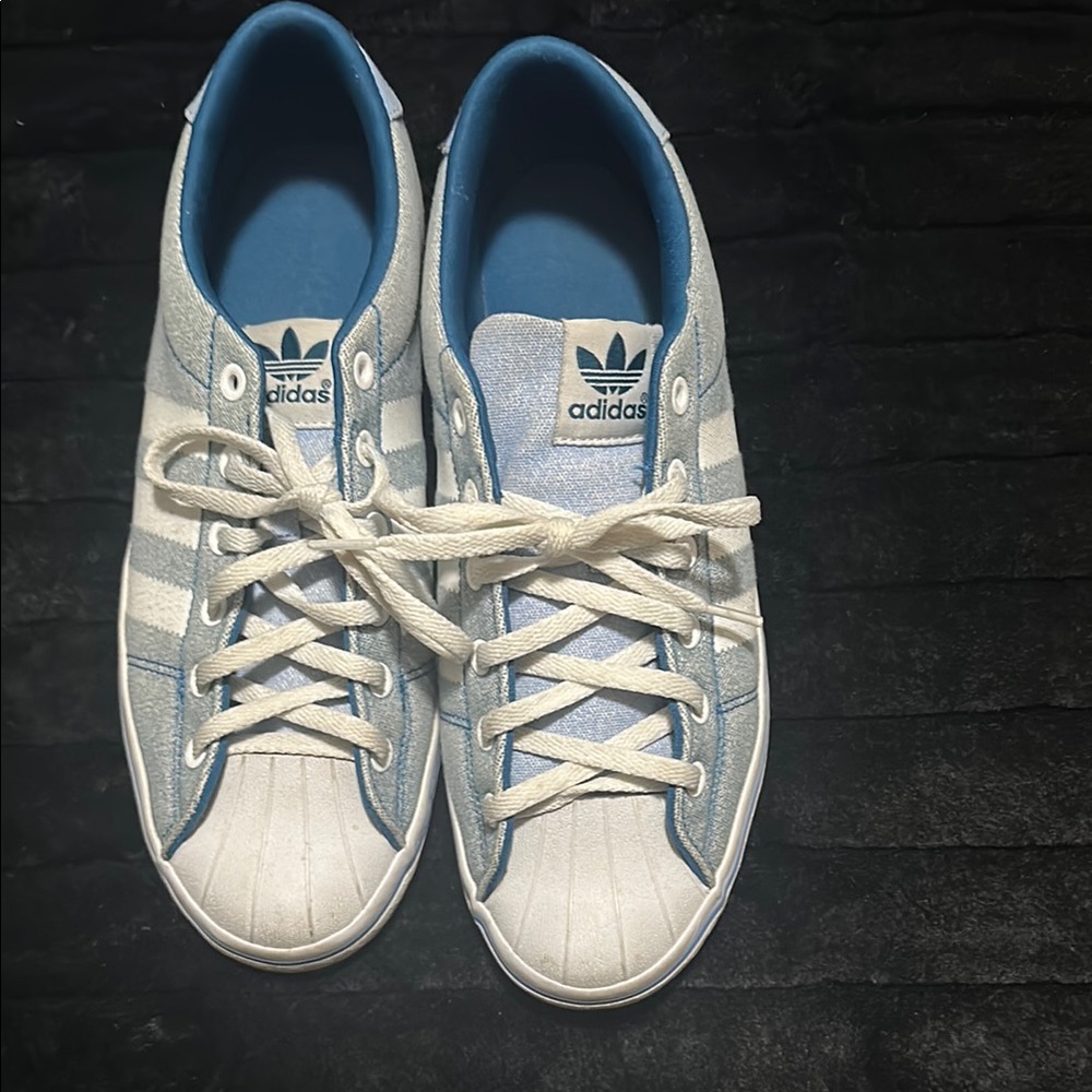 Adidas Light Blue and White Striped Sneakers